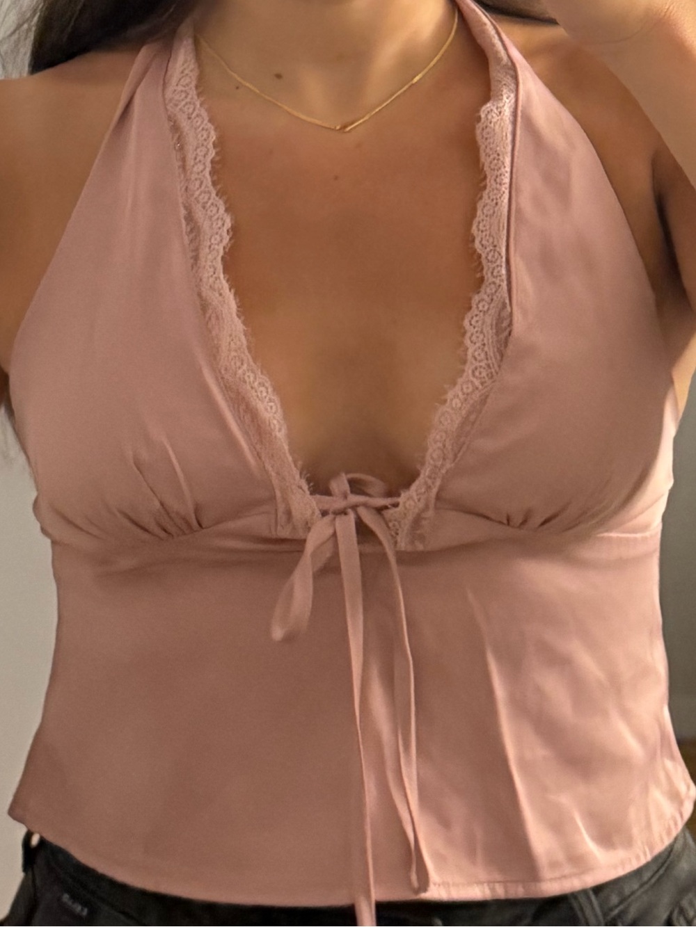 Motel Rocks Dusty Rose Halter Lace-Trim Tie Front Chemise